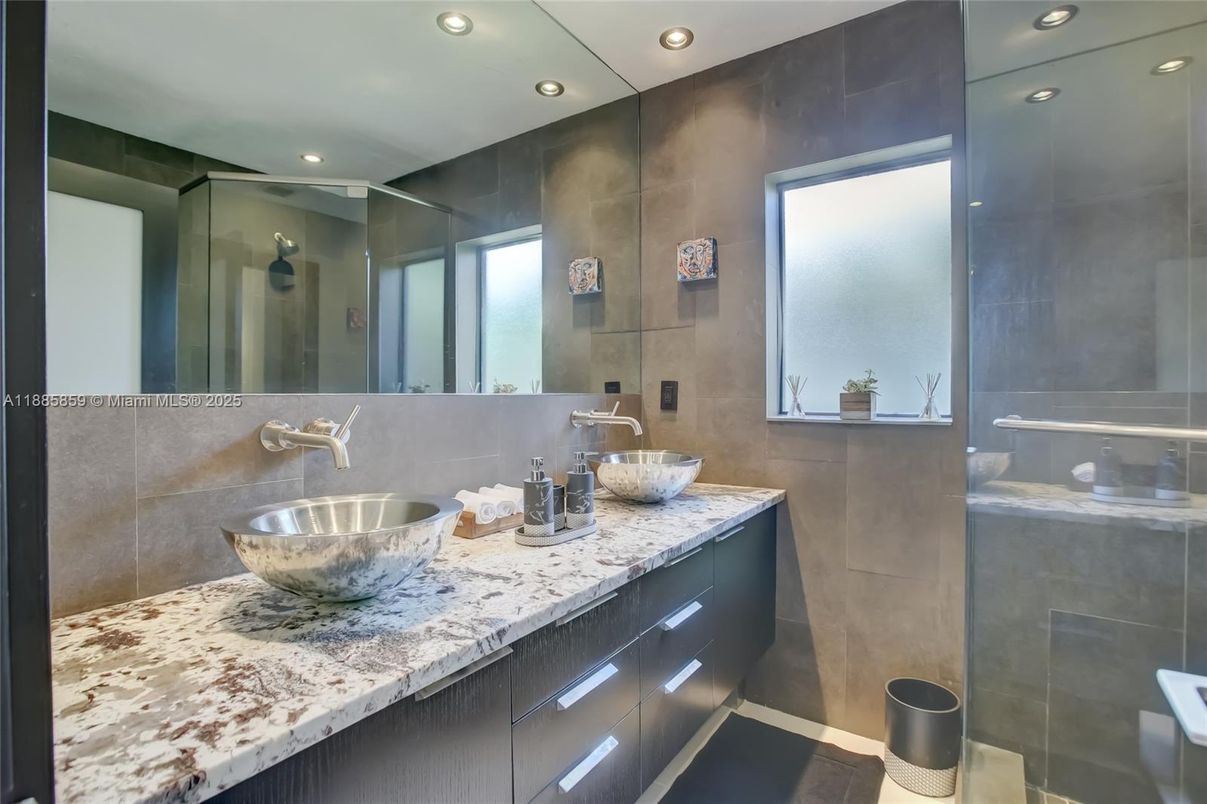 Bathroom, Dual Sink Vanities, Glass Shower, Interior, Recessed Lighting