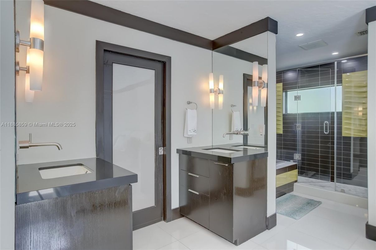 Bathroom, Dual Sink Vanities, Glass Shower, Interior, Pendant Lights, Recessed Lighting