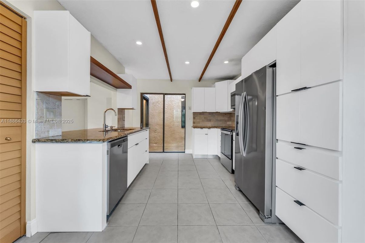 Interior, Kitchen, Recessed Lighting, Stainless Steel Appliances, Wooden Beams