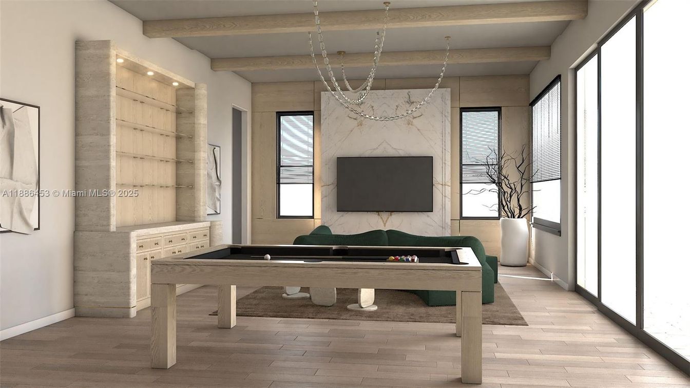 Billiard Table, Chandelier, Game Room, Interior, Wooden Beams, Wood Texture Flooring