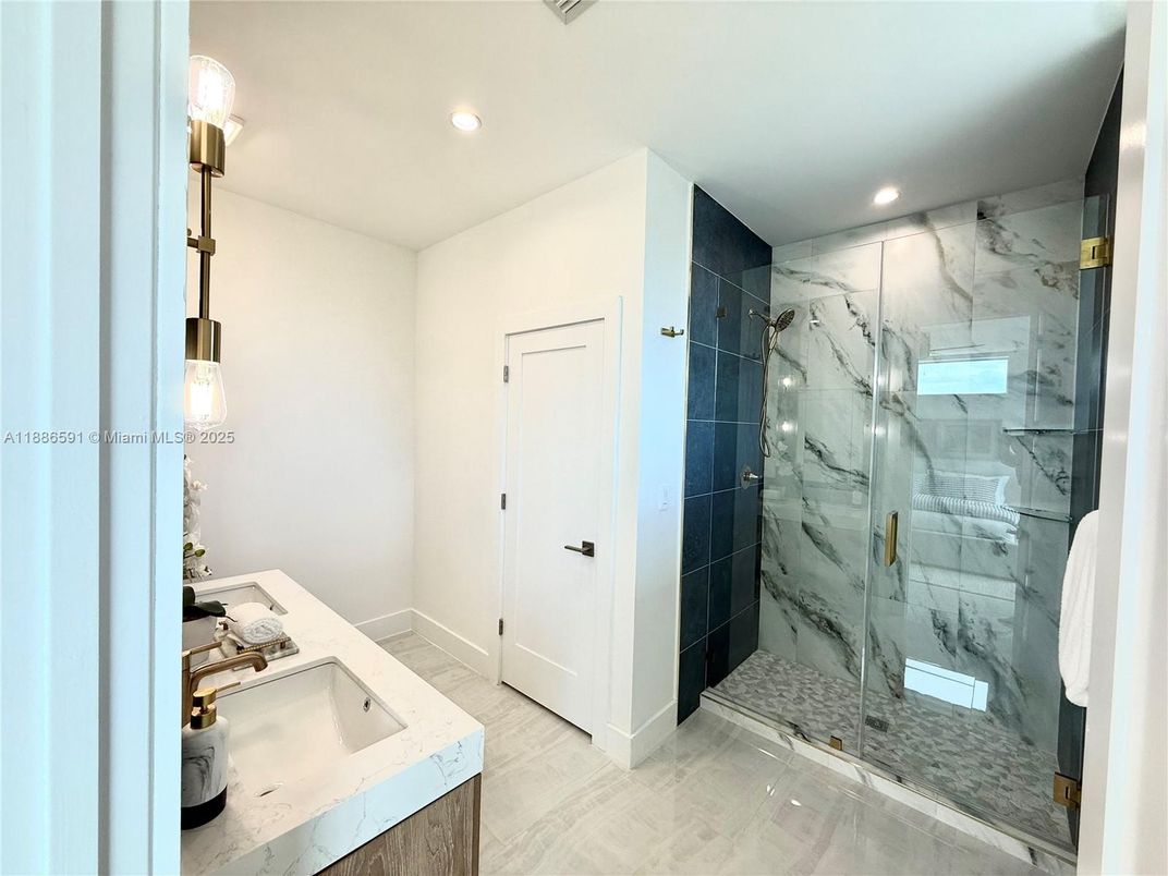 Bathroom, Glass Shower, Interior, Marble Walls, Recessed Lighting