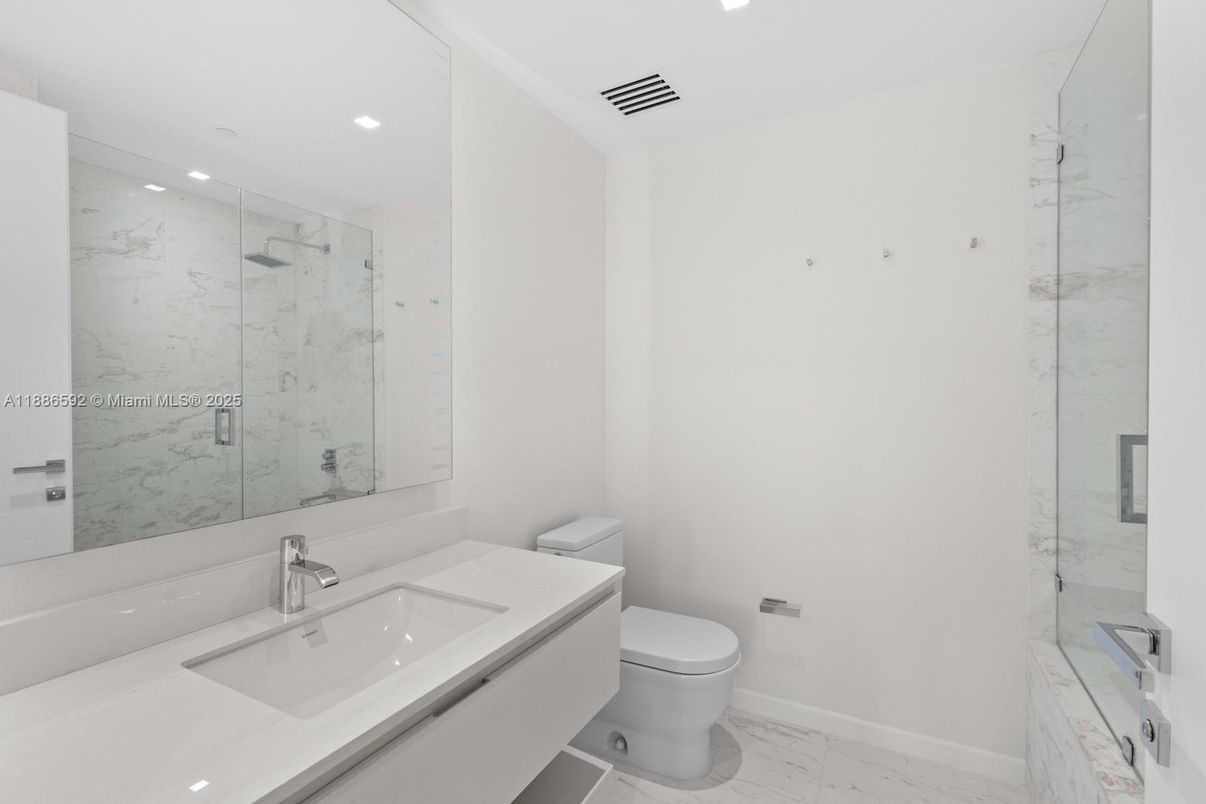 Bathroom, Glass Shower, Interior, Marble, Marble Walls, Recessed Lighting