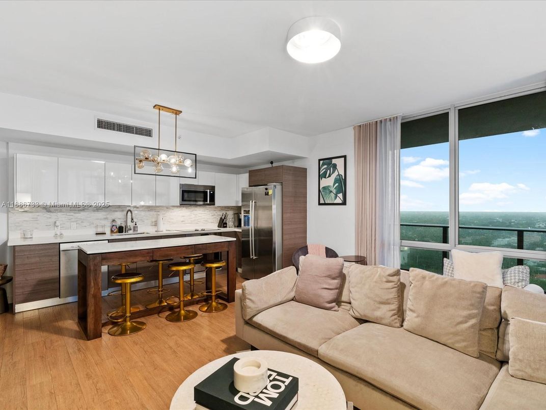 Interior, Kitchen, Living room, Pendant Lights, Stainless Steel Appliances, Water, Wood Texture Flooring