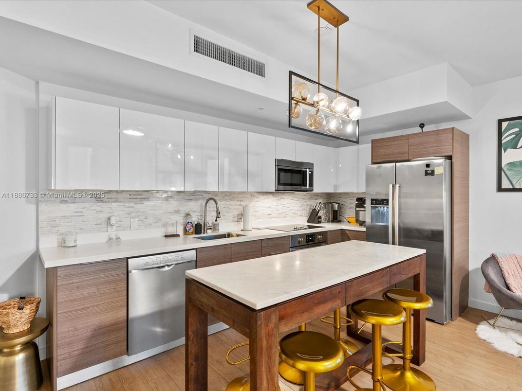 Interior, Kitchen, Pendant Lights, Stainless Steel Appliances, Wood Texture Flooring