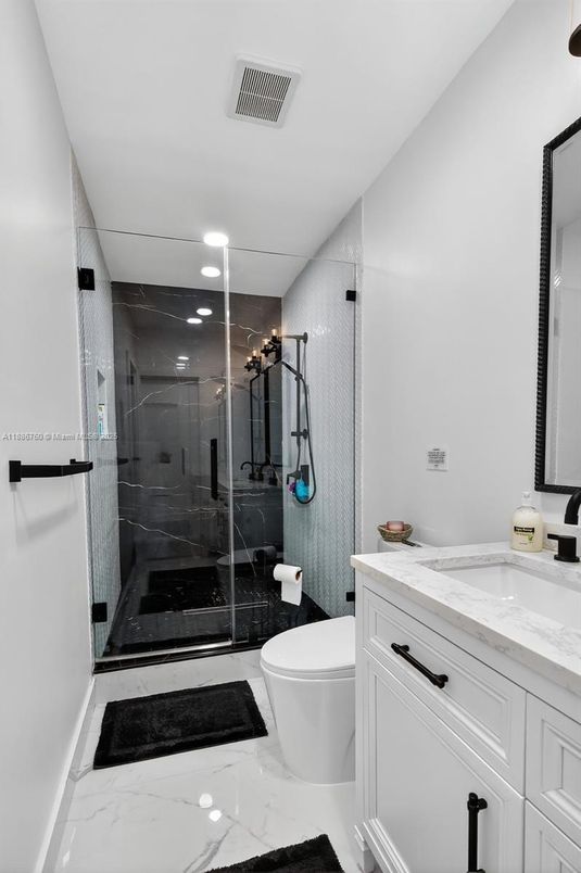 Bathroom, Glass Shower, Interior, Marble, Recessed Lighting