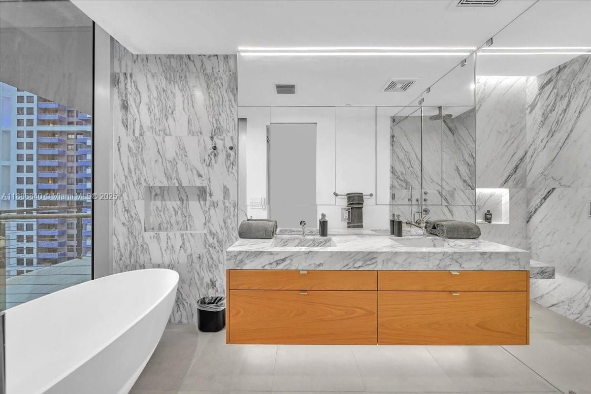 Bathroom, Dual Sink Vanities, Free Standing Baths, Interior, Marble Walls