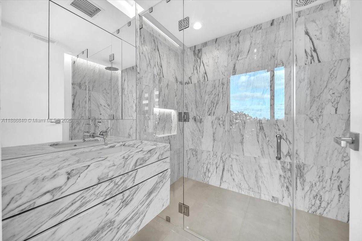 Bathroom, Glass Shower, Interior, Marble Walls, Recessed Lighting