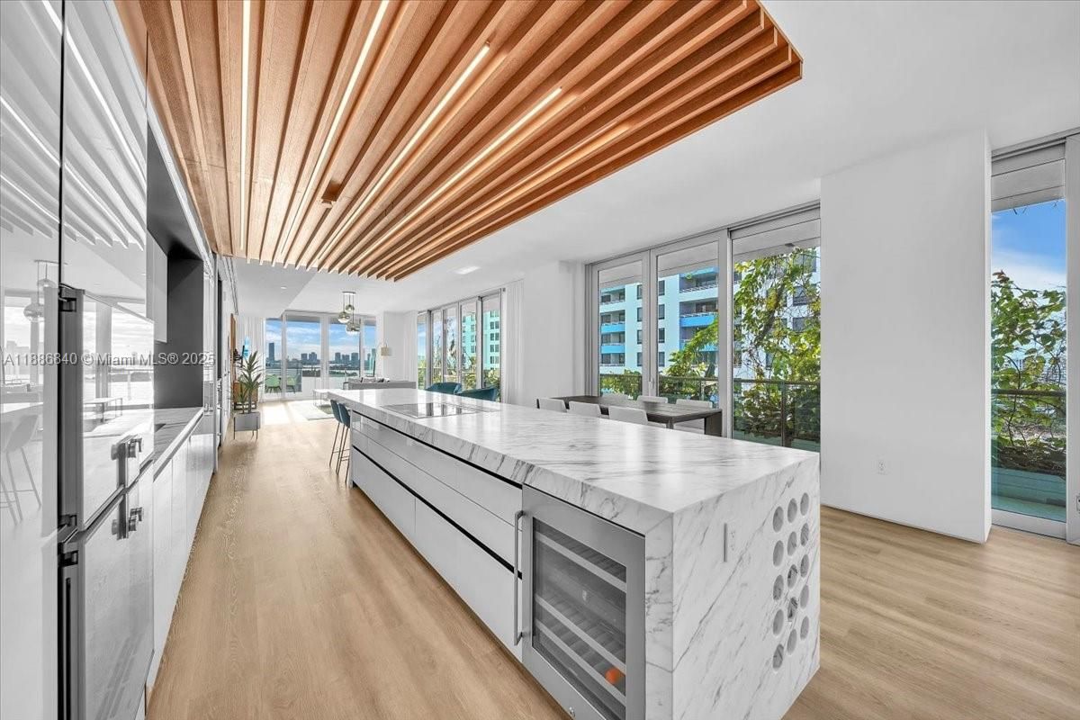 Interior, Kitchen, Pendant Lights, Stainless Steel Appliances, Water, Wooden Beams, Wood Texture Flooring