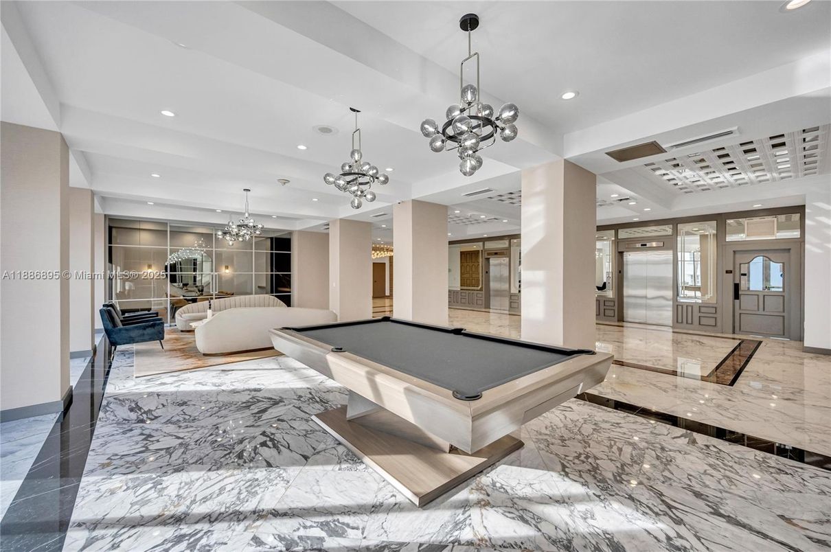 Billiard Table, Chandelier, Game Room, Interior, Marble, Pendant Lights, Recessed Lighting