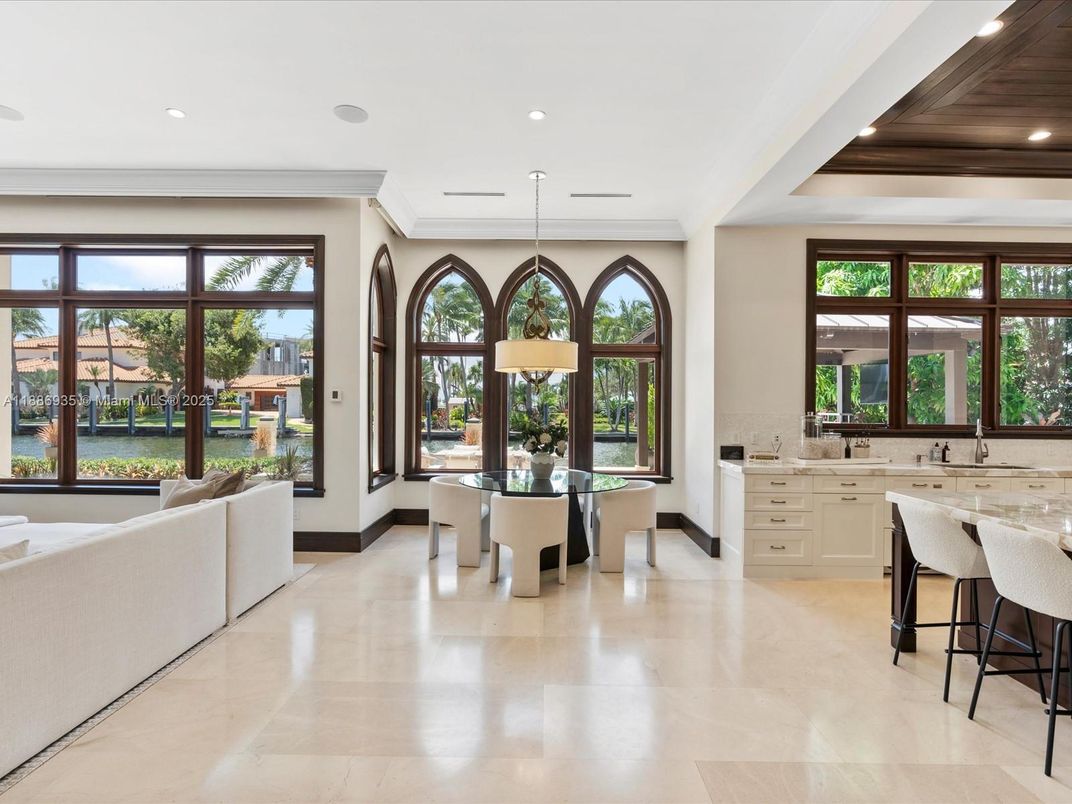 Dining room, Interior, Pendant Lights, Recessed Lighting, Water, Wooden Ceilings