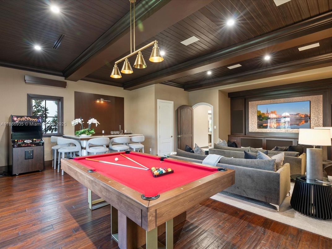 Billiard Table, Game Room, Interior, Living room, Pendant Lights, Recessed Lighting, Wooden Ceilings, Wood Texture Flooring