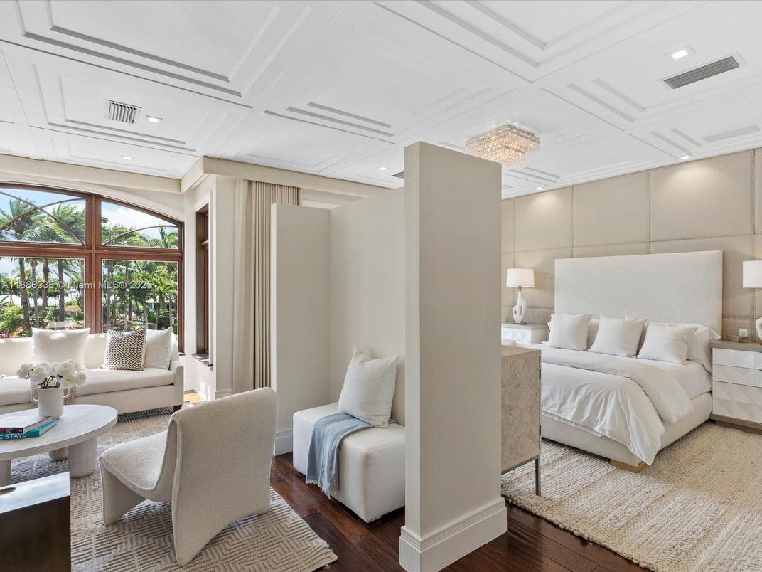 Bedroom, Chandelier, Interior, Recessed Lighting, Wood Texture Flooring