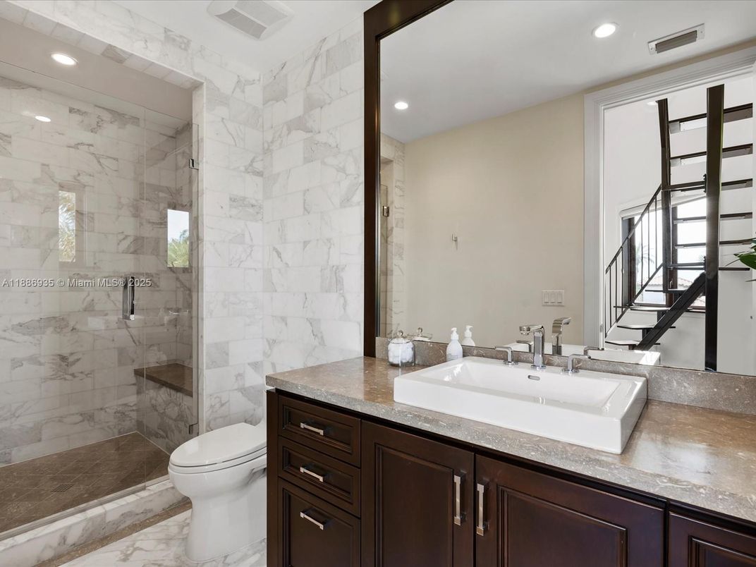 Bathroom, Glass Shower, Interior, Marble, Marble Walls, Recessed Lighting