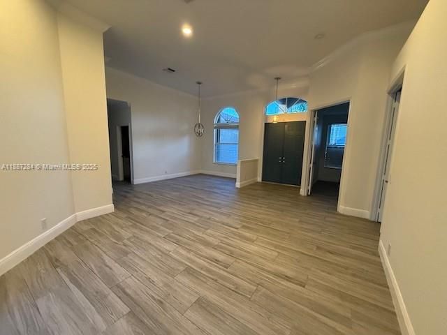 Empty room, Interior, Pendant Lights, Recessed Lighting, Wood Texture Flooring