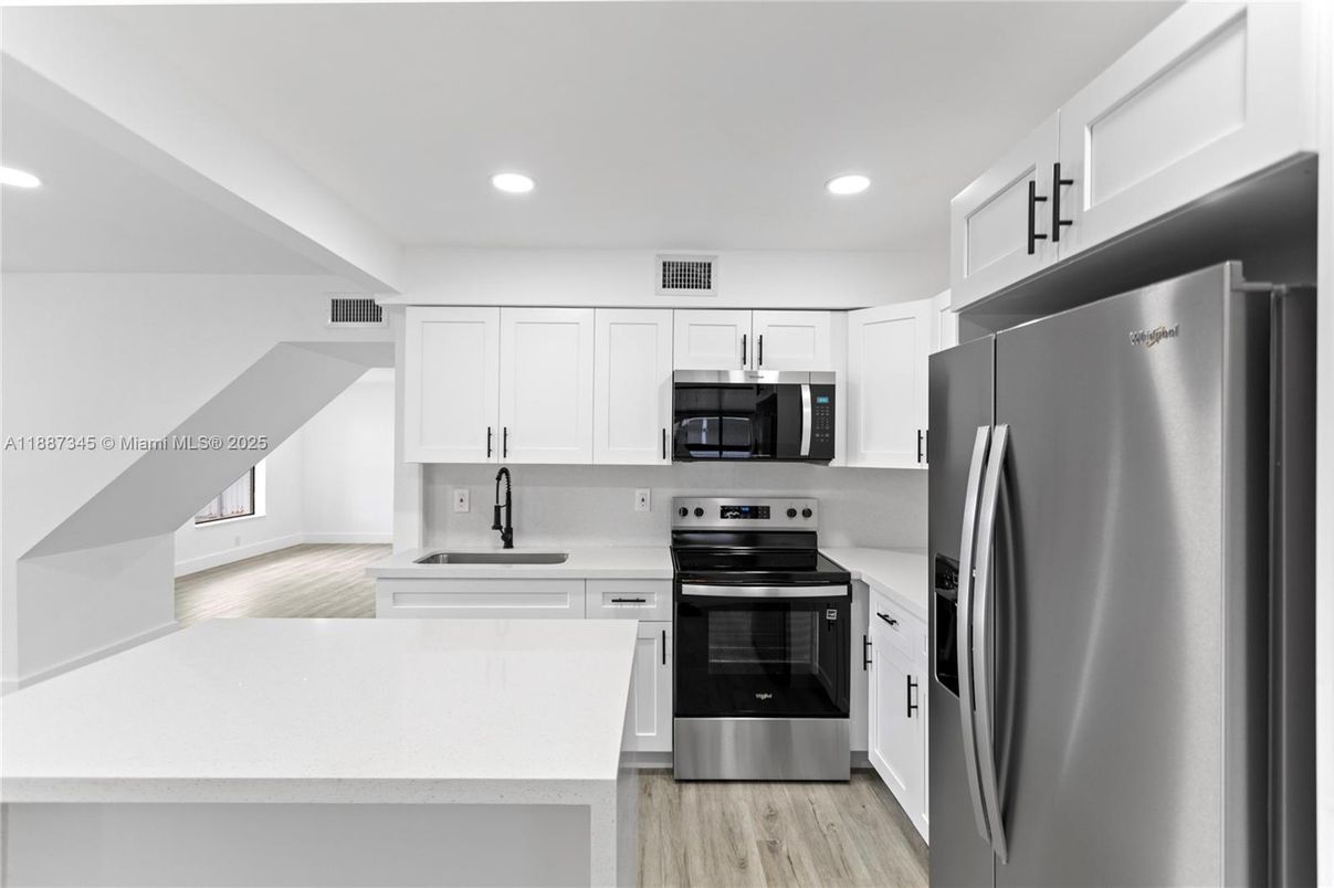 Interior, Kitchen, Recessed Lighting, Stainless Steel Appliances, Wood Texture Flooring