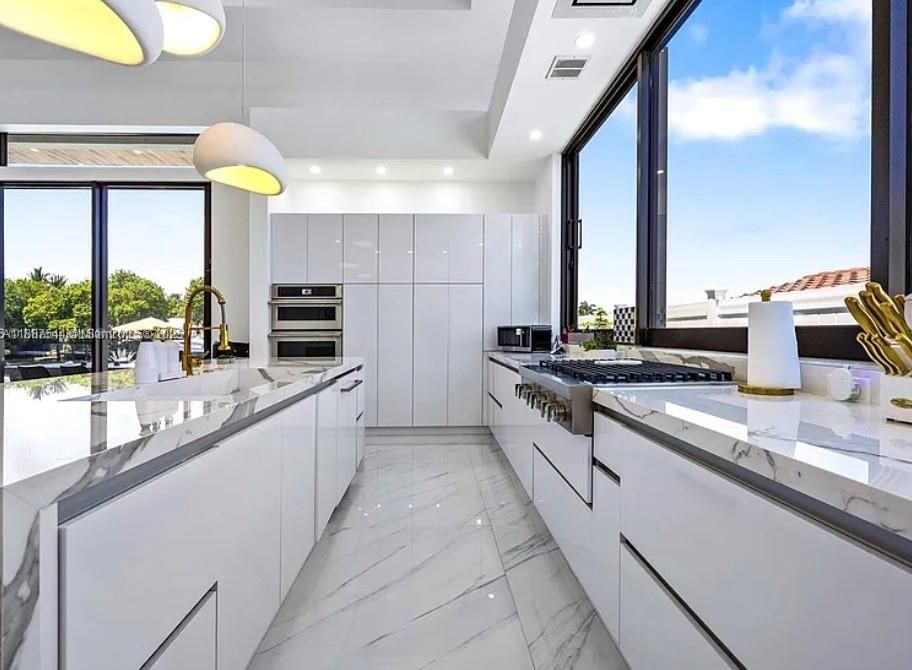 Interior, Kitchen, Marble, Pendant Lights, Recessed Lighting, Stainless Steel Appliances