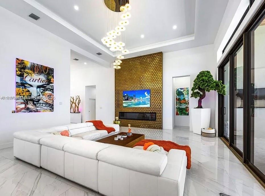 Fireplace, Interior, Living room, Marble, Pendant Lights, Recessed Lighting