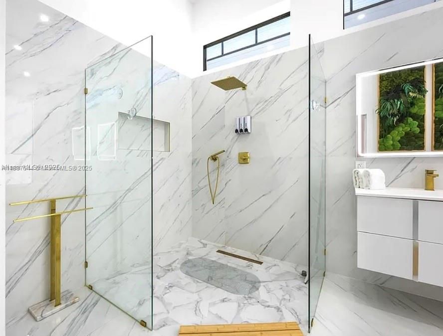 Bathroom, Glass Shower, Interior, Marble, Marble Walls, Recessed Lighting