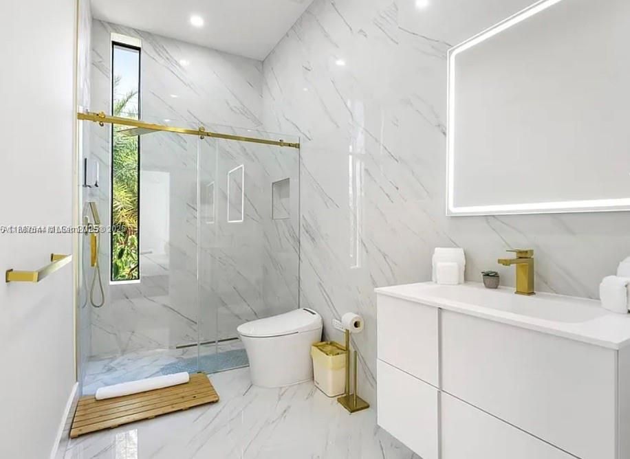 Bathroom, Glass Shower, Interior, Marble, Marble Walls, Recessed Lighting