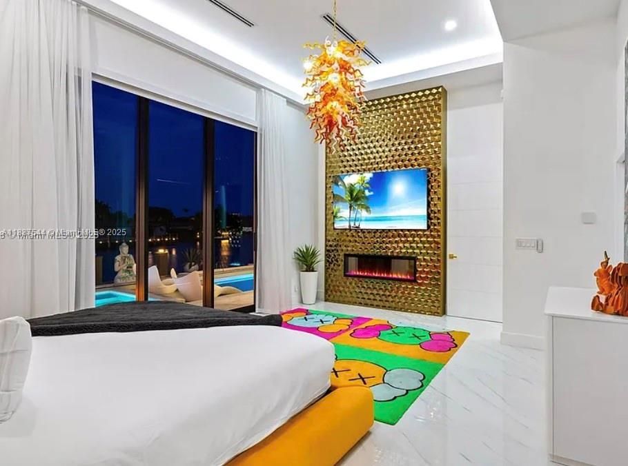 Bedroom, Fireplace, Interior, Marble, Recessed Lighting