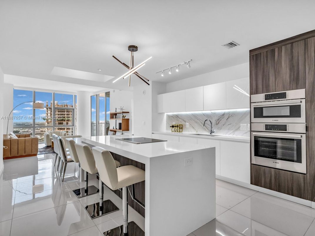 Interior, Kitchen, Marble Walls, Pendant Lights, Stainless Steel Appliances, Water
