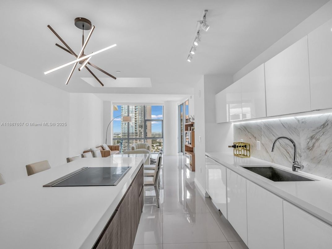 Interior, Kitchen, Marble Walls, Pendant Lights, Water