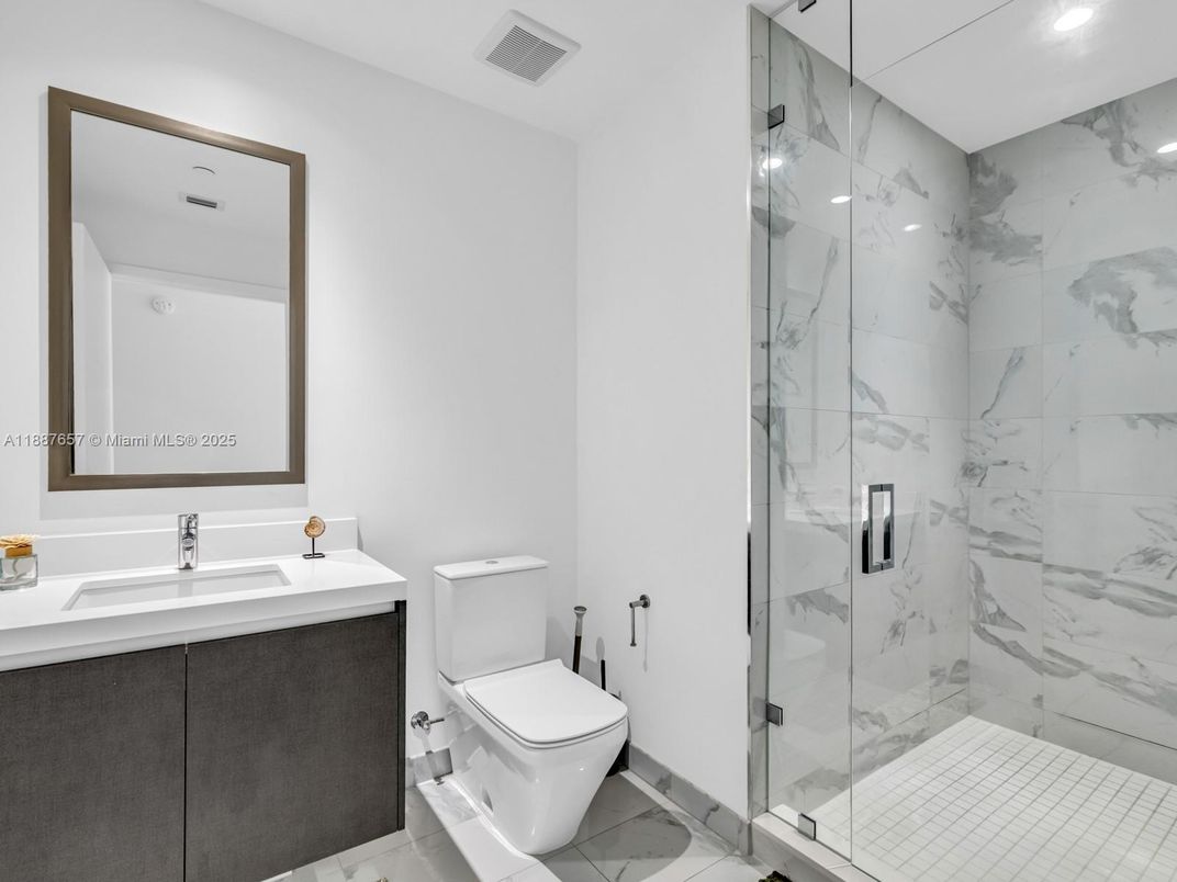 Bathroom, Glass Shower, Interior, Marble, Marble Walls, Recessed Lighting