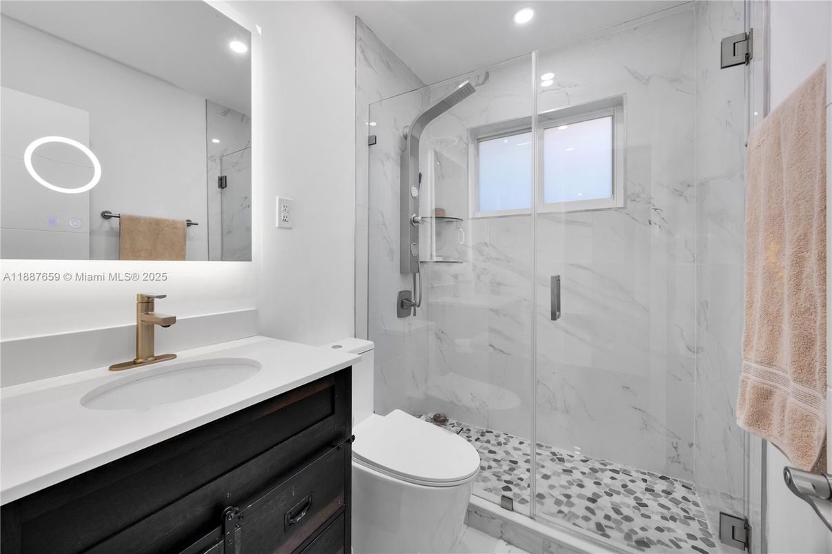 Bathroom, Glass Shower, Interior, Marble, Marble Walls, Recessed Lighting