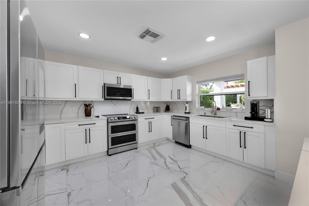 Interior, Kitchen, Marble, Recessed Lighting, Stainless Steel Appliances