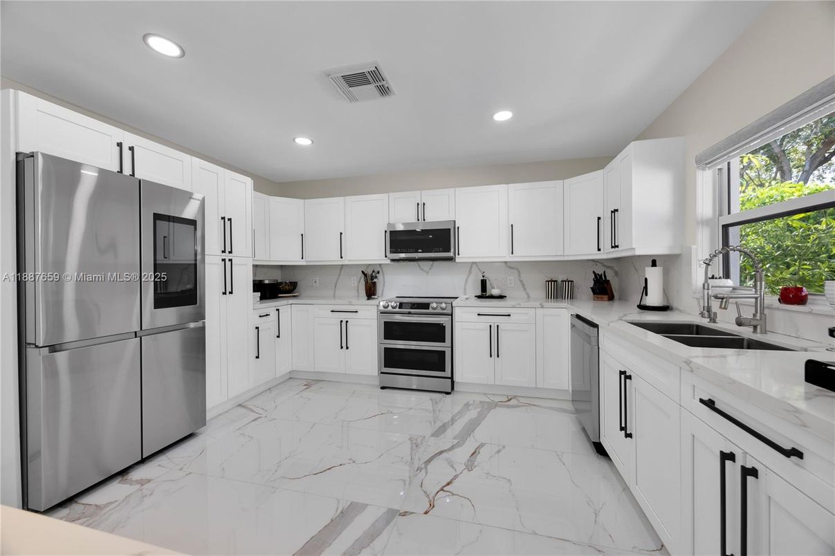 Interior, Kitchen, Marble, Recessed Lighting, Stainless Steel Appliances