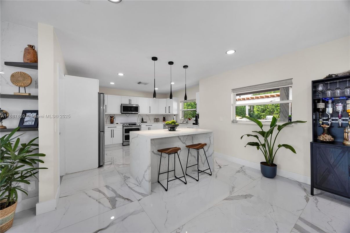 Interior, Kitchen, Marble, Pendant Lights, Recessed Lighting, Stainless Steel Appliances