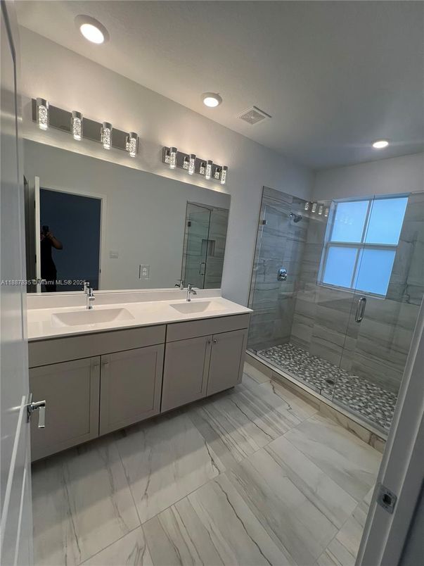 Bathroom, Dual Sink Vanities, Glass Shower, Interior, Marble, Recessed Lighting