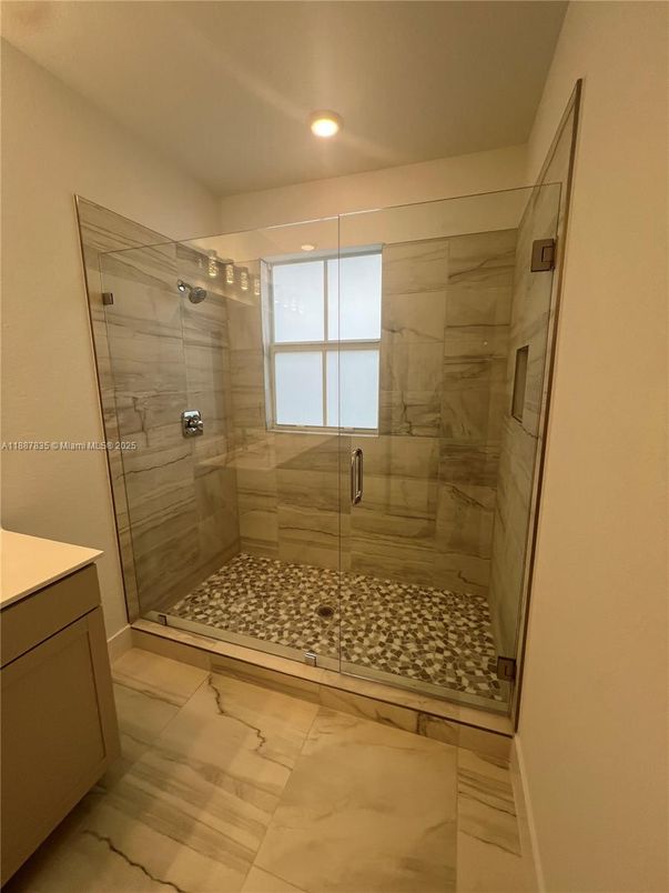 Bathroom, Glass Shower, Interior, Marble, Marble Walls, Recessed Lighting