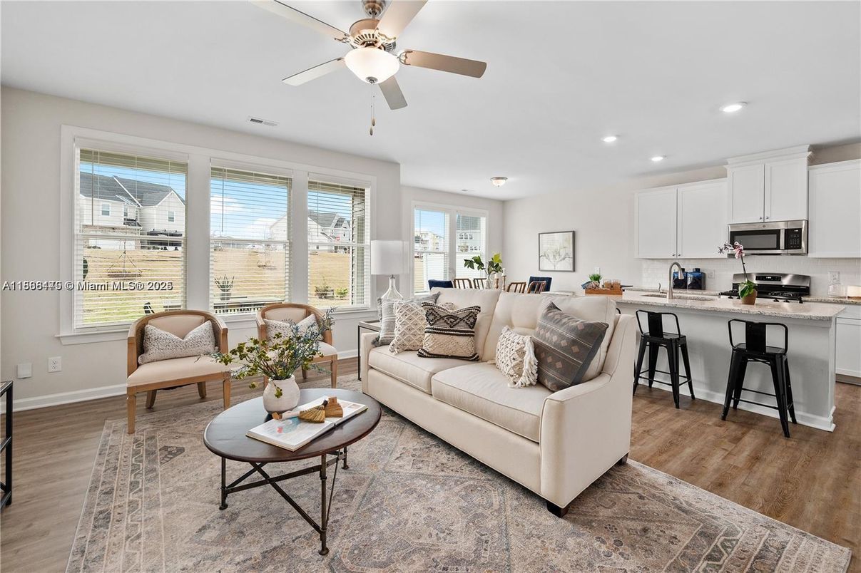 Interior, Kitchen, Living room, Recessed Lighting, Stainless Steel Appliances, Wood Texture Flooring