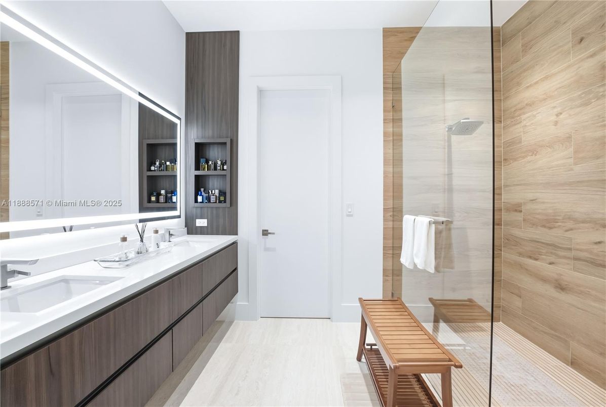 Bathroom, Dual Sink Vanities, Glass Shower, Interior, Wooden Walls