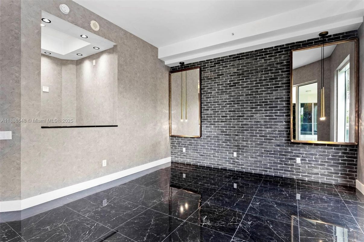 Bathroom, Empty room, Interior, Marble, Pendant Lights, Recessed Lighting, Stone Walls