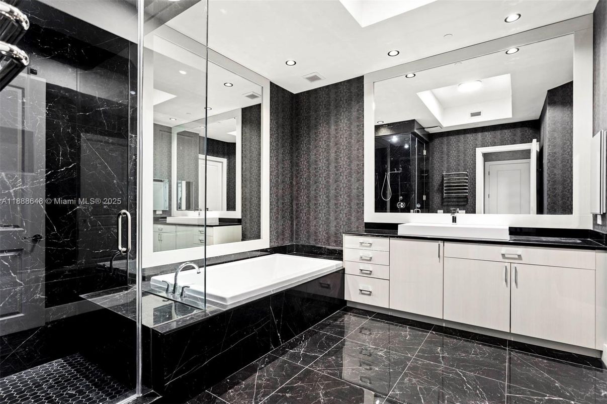 Bathroom, Dual Sink Vanities, Glass Shower, Interior, Marble, Marble Walls, Recessed Lighting