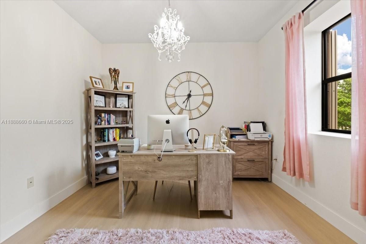 Chandelier, Home Office, Interior, Wood Texture Flooring