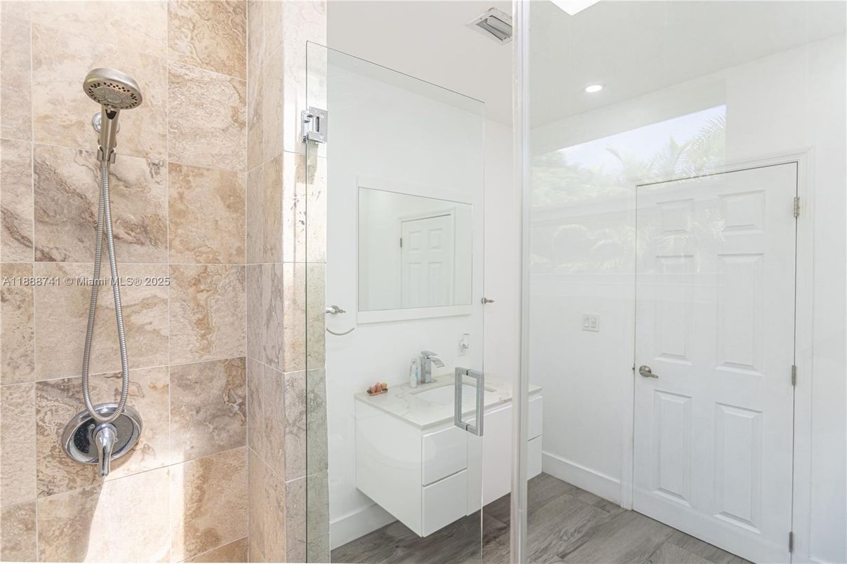 Bathroom, Glass Shower, Interior, Recessed Lighting, Wood Texture Flooring