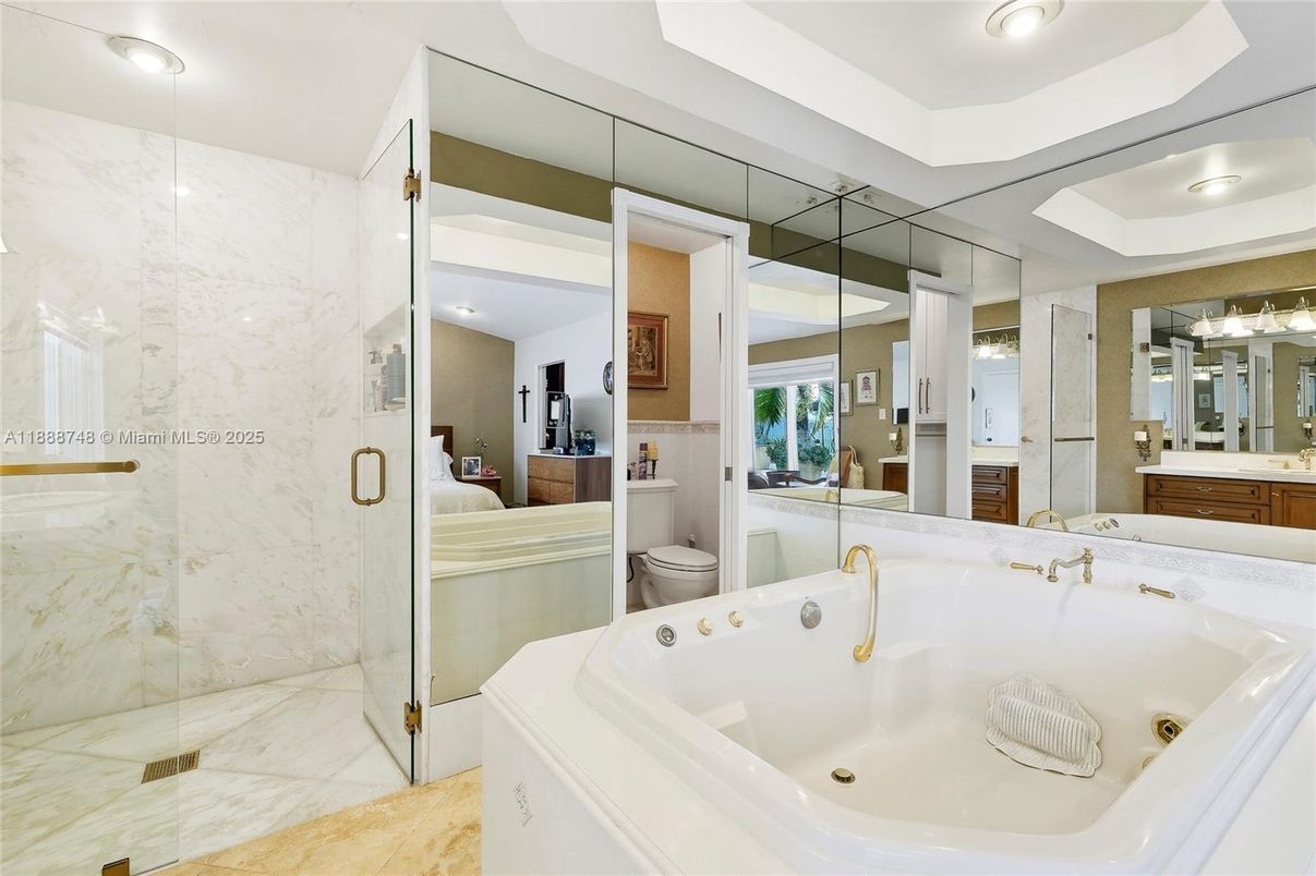 Bathroom, Glass Shower, Interior, Marble Walls, Recessed Lighting