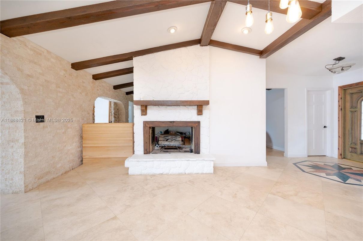 Empty room, Fireplace, Interior, Recessed Lighting, Wooden Beams