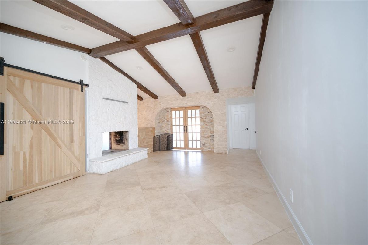 Empty room, Fireplace, Interior, Recessed Lighting, Wooden Beams