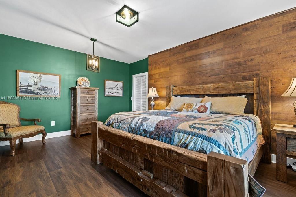 Bedroom, Interior, Pendant Lights, Wood Texture Flooring, Wooden Walls