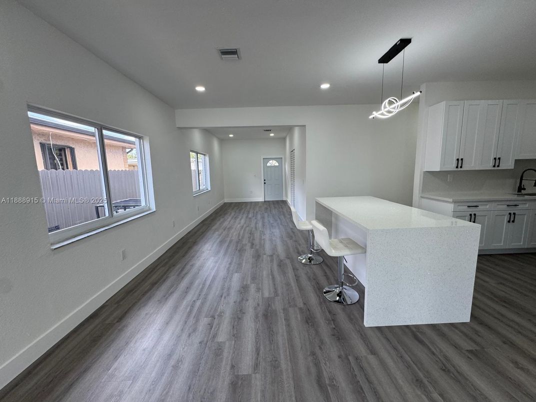 Interior, Kitchen, Pendant Lights, Recessed Lighting, Wood Texture Flooring