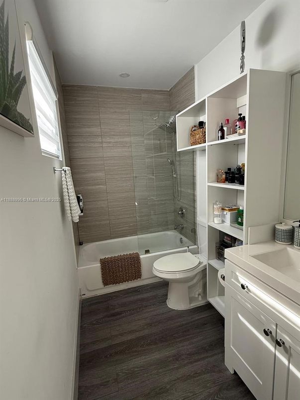 Bathroom, Glass Shower, Interior, Wood Texture Flooring