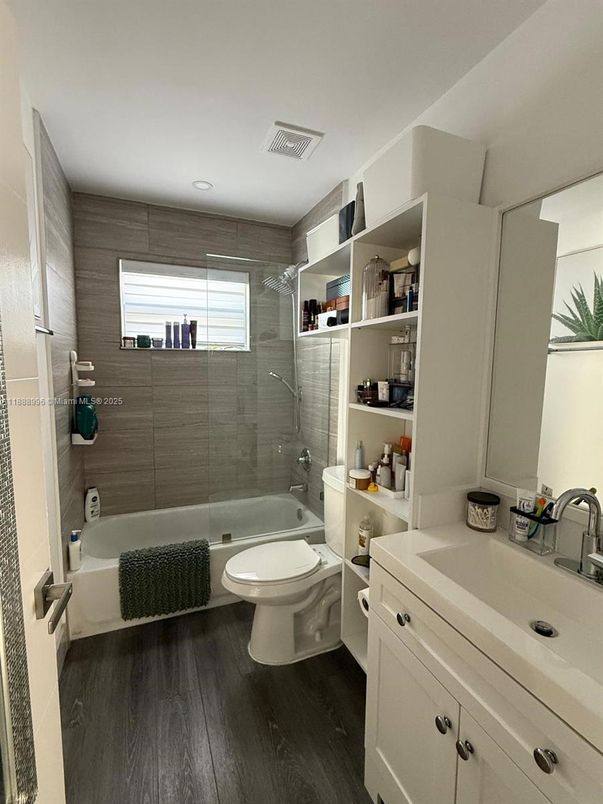 Bathroom, Glass Shower, Interior, Wood Texture Flooring