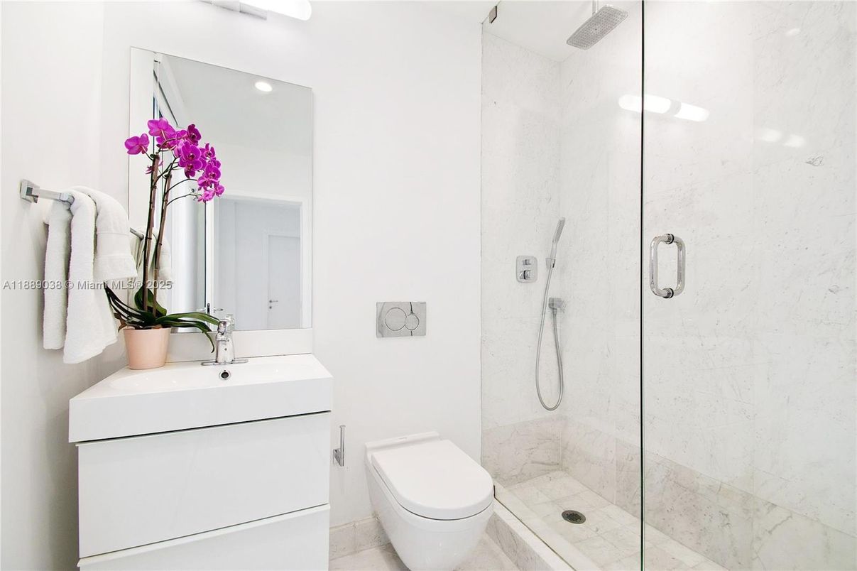 Bathroom, Glass Shower, Interior, Marble Walls, Recessed Lighting