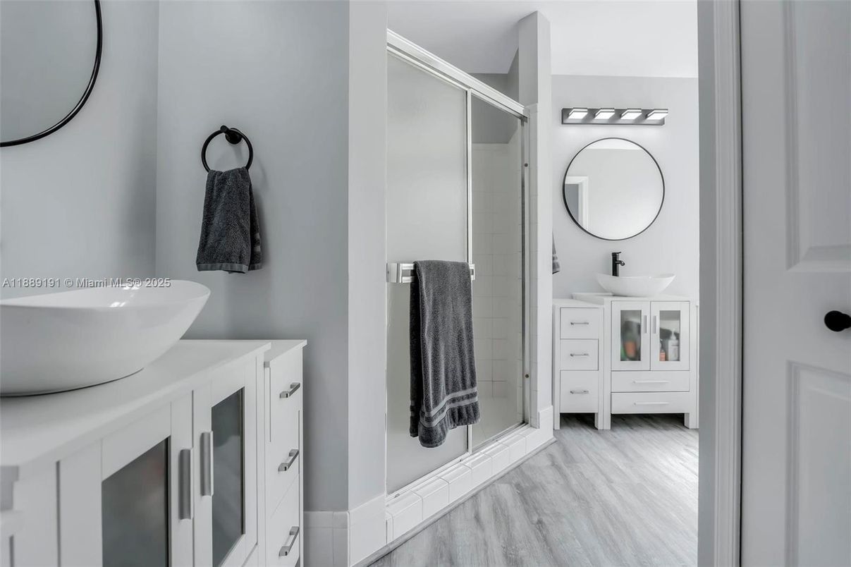 Bathroom, Glass Shower, Interior, Wood Texture Flooring
