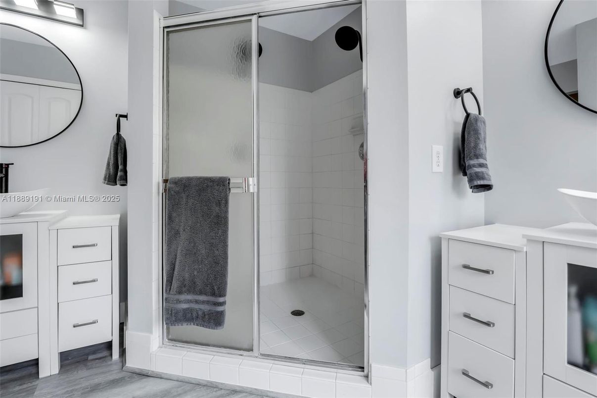 Bathroom, Glass Shower, Interior, Wood Texture Flooring