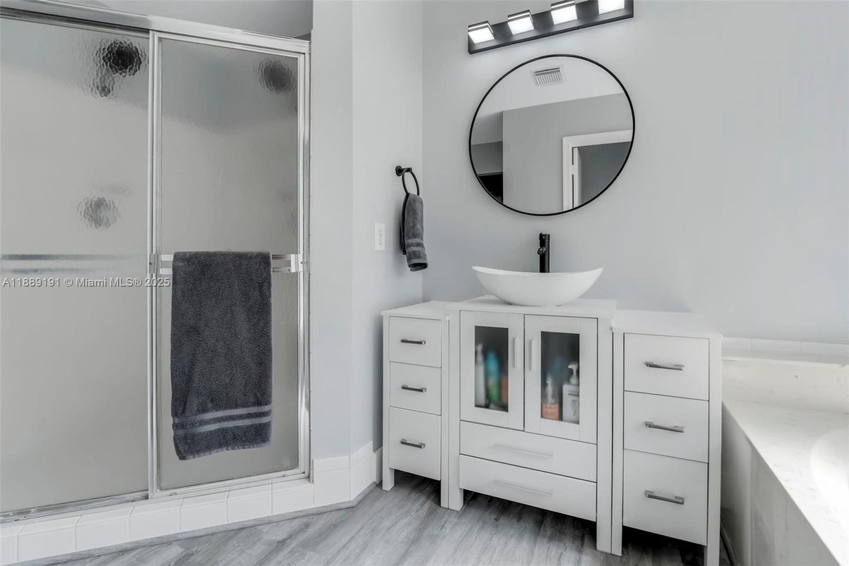 Bathroom, Glass Shower, Interior, Wood Texture Flooring